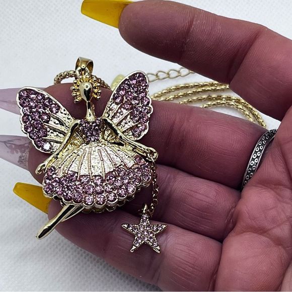 NECKLACE! Betsey Johnson Fairy Dancer w/ Moving Parts, Pink Rhinestones, BNWT - Picture 5 of 8